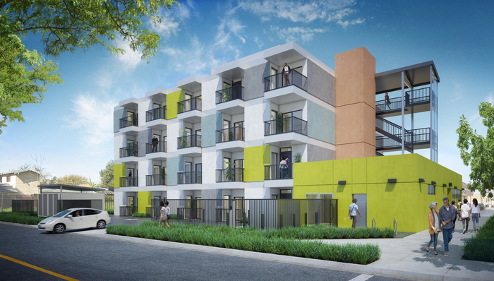 Architectural render of the Dolores Huerta Apartments, a beautiful and modern residential building.