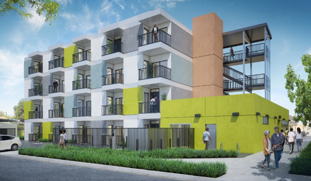 Render of a contemporary housing building with lively colors and balconies for each unit.